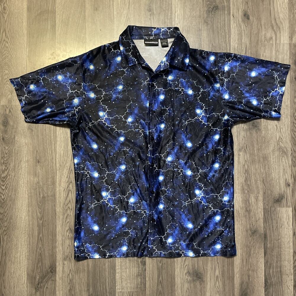 Vintage ODO 90s Lightning Print Shirt Mens Large Blue All Over Print Y2K Retro